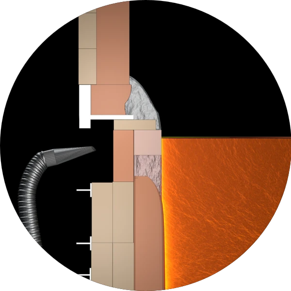 Cross-section after Hot Tank Repair: the worn glass line rebuilt with new blocks and refractory concrete